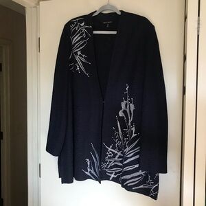 Ming Wang Cardigan Sweater 2x Open Front Navy Blue Embroidered chrysanthemum